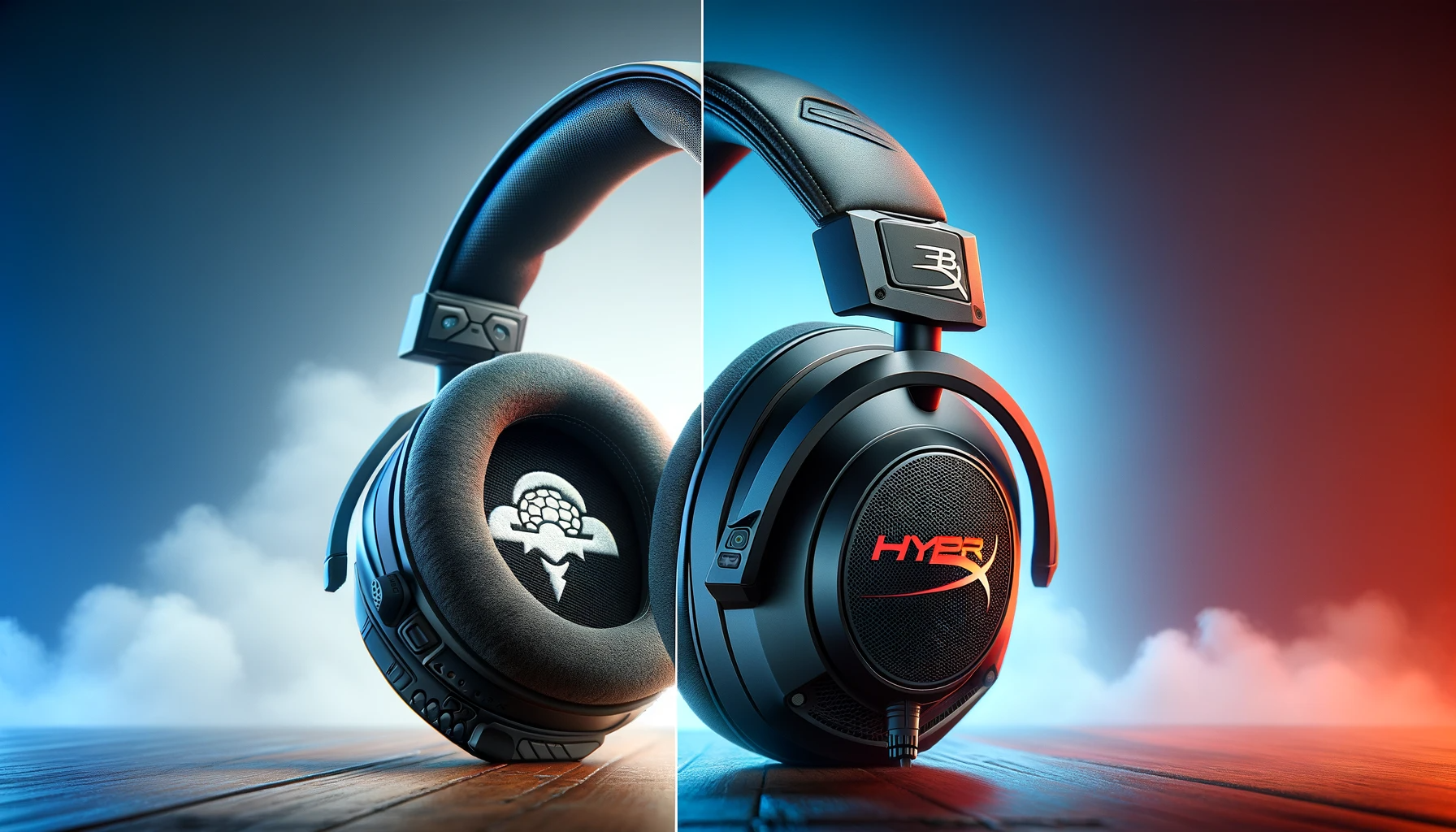 Split-screen image with Turtle Beach gaming headset on the left, highlighting its robust and unique design, and HyperX Cloud gaming headset on the right, showcasing its sleek, professional look. Both images emphasize the headsets' design, material texture, and comfort.